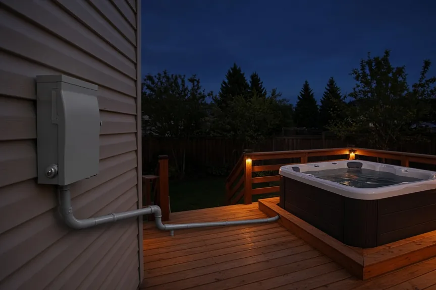 Outdoor electrical disconnect beside a hot tub
